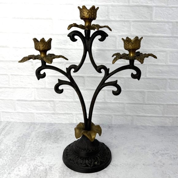 Vintage Ornate Wrought Iron and Brass 3 Arm Candelabra Candle Holder 12" tall - Picture 2 of 9